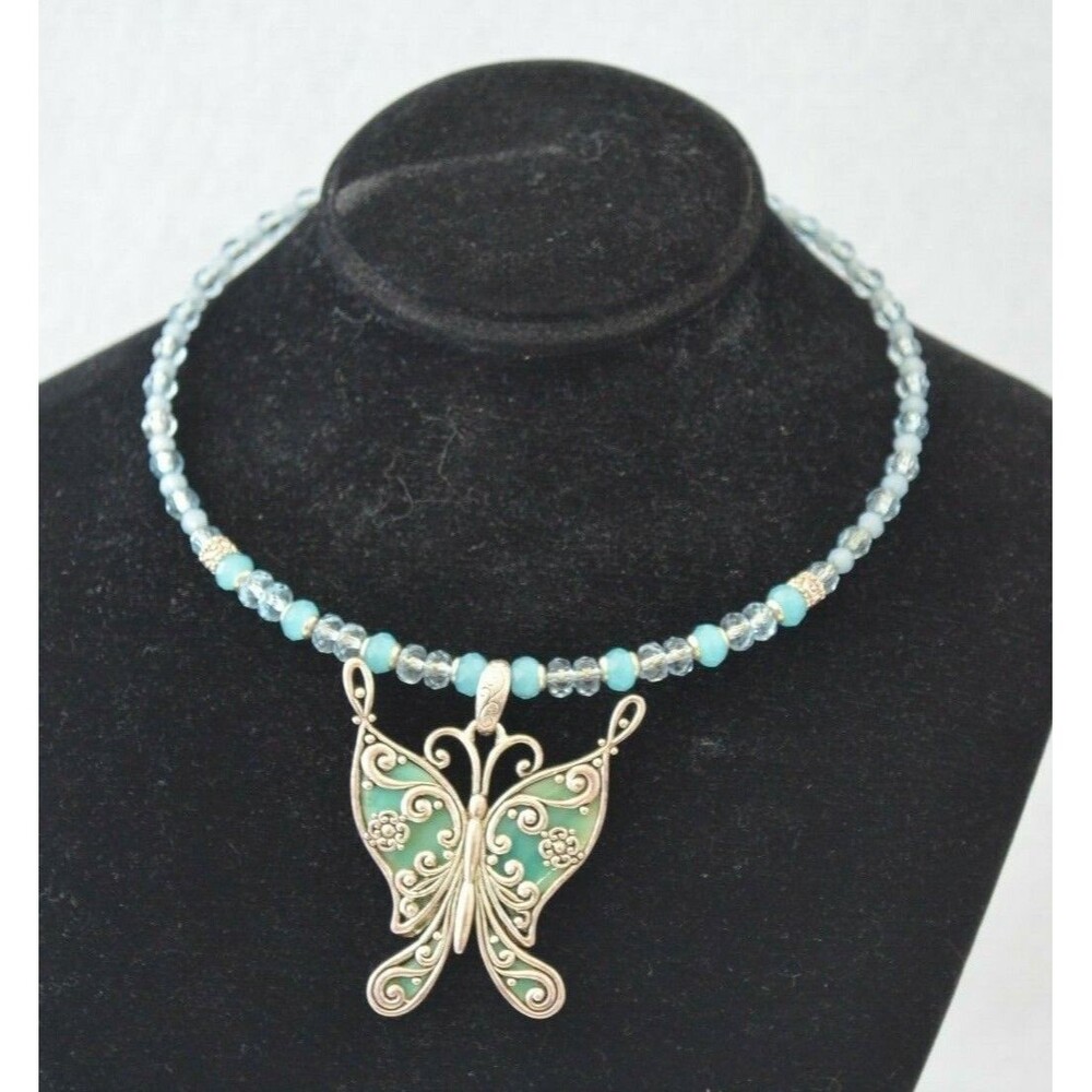 Silver Plate ? Butterfly Necklace Aqua Blue glass inset Blue & Clear Beads